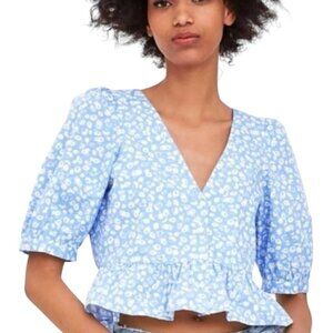 Zara Blue & White Floral Puff Sleeve Crop Top Medium